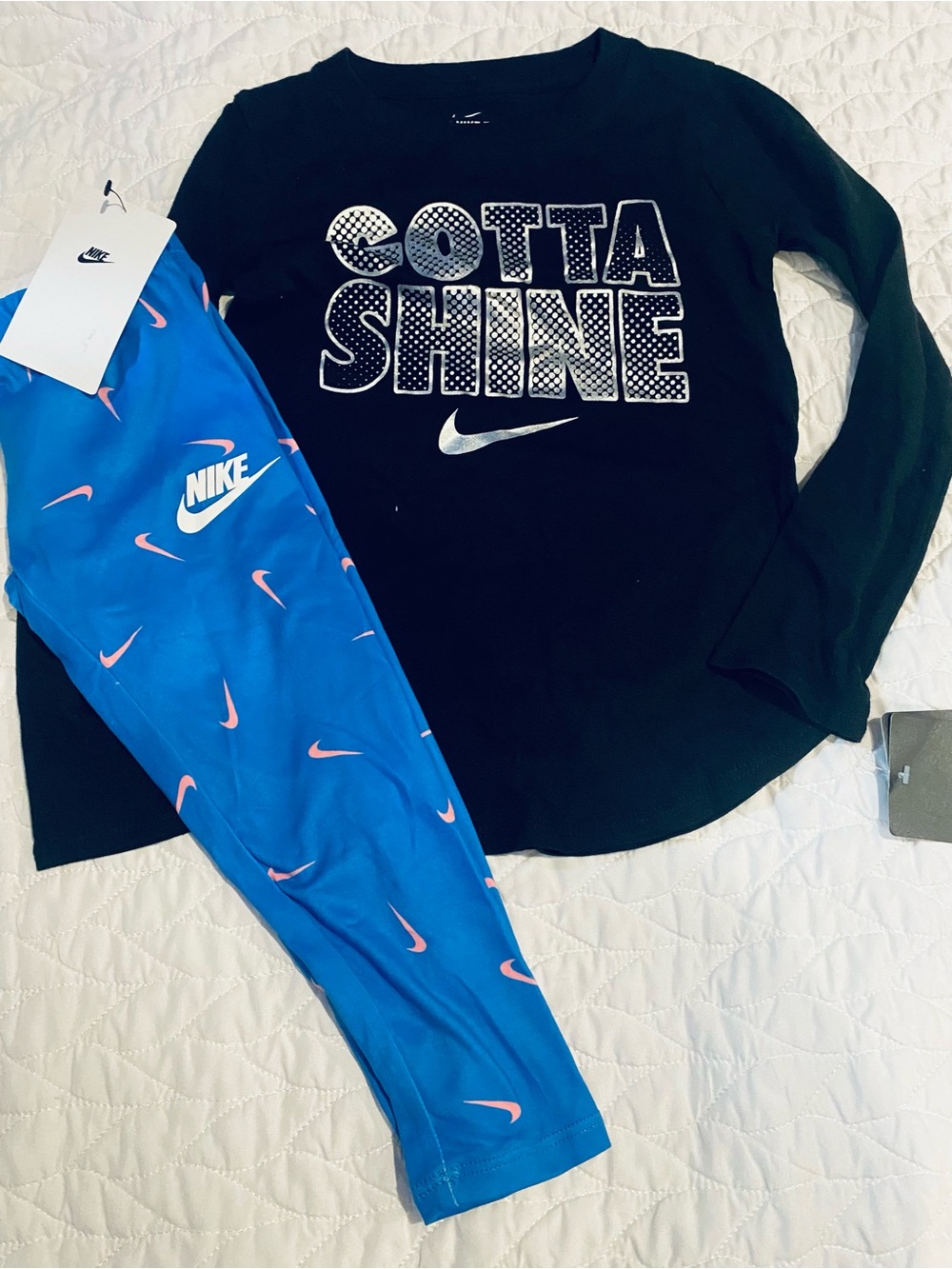 Nike Black Top with Blue Leggings and Pink Swooshes Kids Matching Set